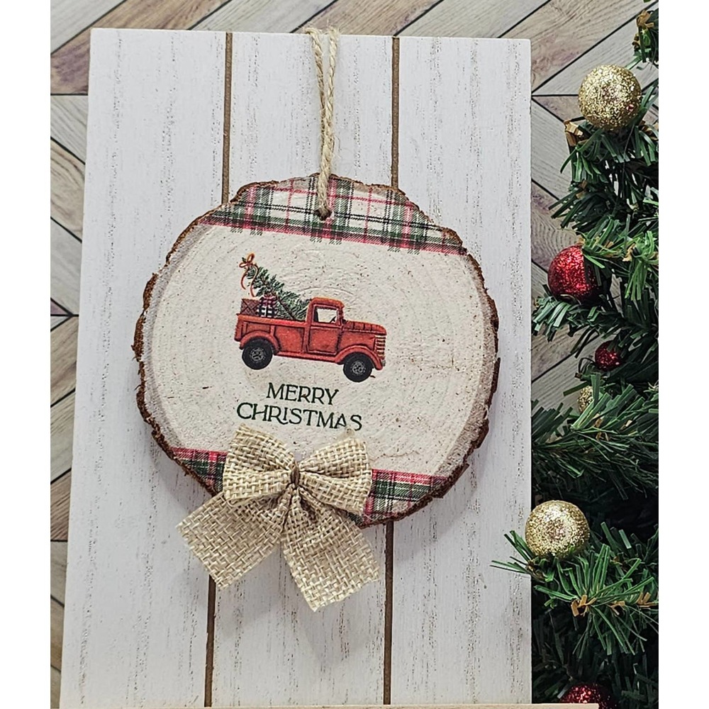 Merry Christmas Red Truck Plaid Burlap Bow Wooden Disk Ornament/Gift Tag, 3 inch